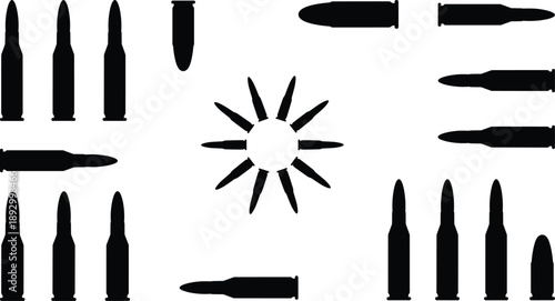 Ammunition bullet silhouette collection featuring various rifle and pistol cartridges in black vector style for military, hunting, shooting, and defense design