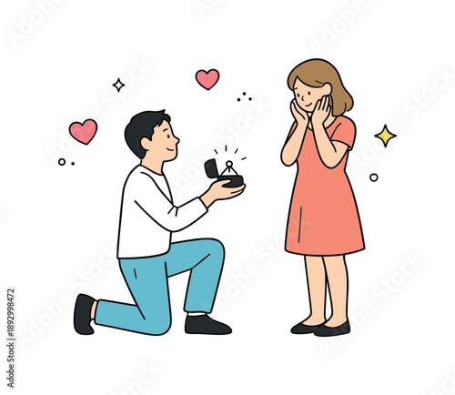 Surprise Engagement Moment. Wedding proposals and surprise engagements. A person kneeling with a small ring box in hand while their partner looks surprised,