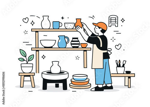 Ceramics Display Pride. Ceramics workshop lifestyle. A person arranging finished pottery on display shelves in a small workshop. Sense of pride and completion