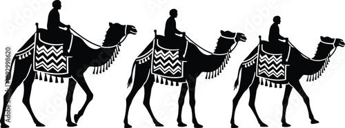 Camel caravan silhouette illustration featuring riders in traditional desert travel scene, black vector style for tourism, culture, adventure, and Middle Eastern design