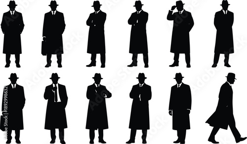 Classic detective silhouette collection featuring vintage men in trench coats and hats, noir style characters for mystery, spy, and crime design