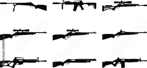 Comprehensive firearm silhouette set featuring sniper rifles, assault rifles, hunting guns, and shotguns in black vector style for military, sport, and design
