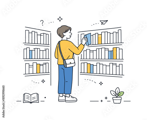 Curious Book Browsing. Library book browsing. A person standing near tall shelves, gently selecting a book and scanning titles. Sense of curiosity
