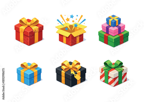 Isometric Gift Boxes. Gift box. Isometric flat vector icons set of Gift box: wrapped present with ribbon, open gift box surprise, stacked gift boxes, small