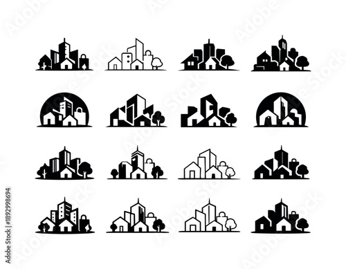 Mixed-Use Complex Logos. Mixed-use complex. Icon set. Set Logo of mixed-use complex: skyline with mixed icons. harmonious logo variations of the same