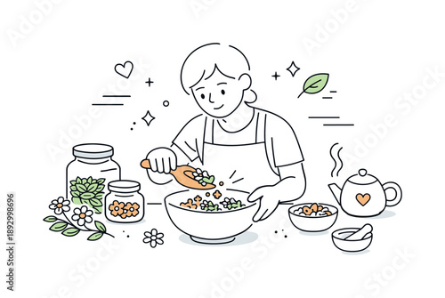 Organic Tea Craft. Organic tea blending process. A person carefully combines herbs and flowers for a custom tea blend. Craftsmanship, care, and natural