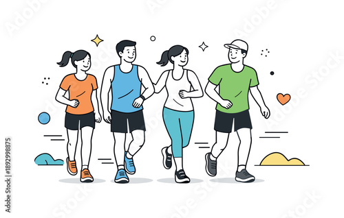 Joyful Running Group. Running group finish. Runners slowing down together after training, light smiles and sense of shared achievement with abstract decorative