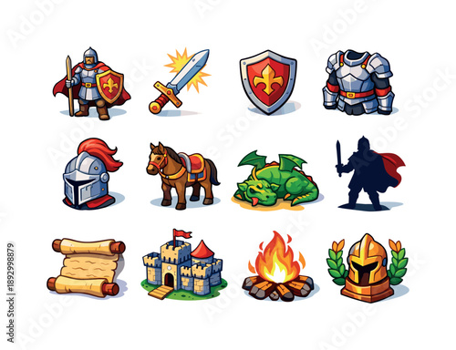 Epic Knight Icons. Epic knight Dobrynya. Colorful isometric vector icons set of epic knight Dobrynya: legendary knight, raised sword, sturdy shield, metal