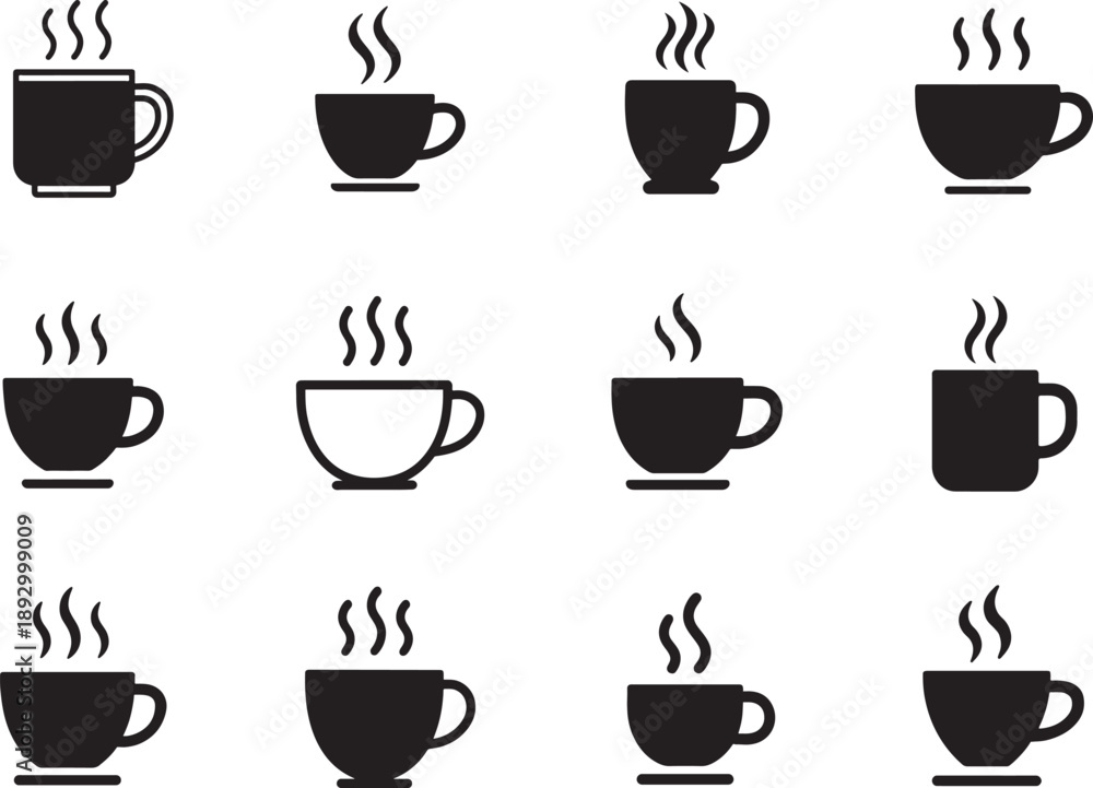Obraz premium Tea icon in black and white, hot tea cup illustration set, minimal vector silhouette style.