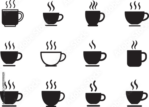 Tea icon in black and white, hot tea cup illustration set, minimal vector silhouette style.