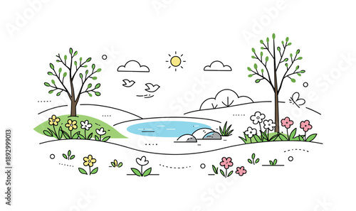 Spring Renewal Illustration. Early spring nature awakening. A calm editorial landscape with trees starting to grow leaves and small flowers appearing across