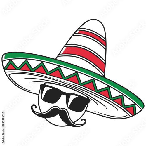 Sombrero Character Illustration – Cool Man with Mustache, Sunglasses & Mexican Hat Design .
