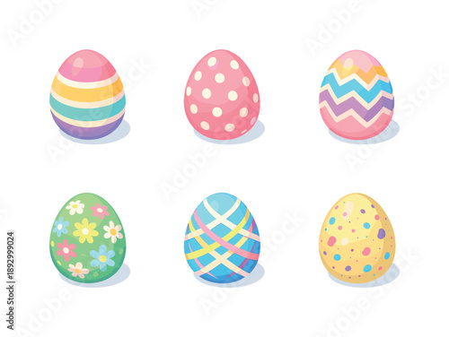Pastel Easter Eggs Grid. Pastel Easter eggs. Isometric flat vector icons set of pastel Easter eggs: striped Easter egg, polka dot Easter egg, zigzag patterned