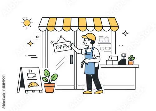Morning Business Preparation. Everyday small business routine. An entrepreneur opens a storefront or workspace, preparing for the day. Calm morning energy,