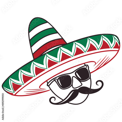 Sombrero Character Illustration – Cool Man with Mustache, Sunglasses & Mexican Hat Design .