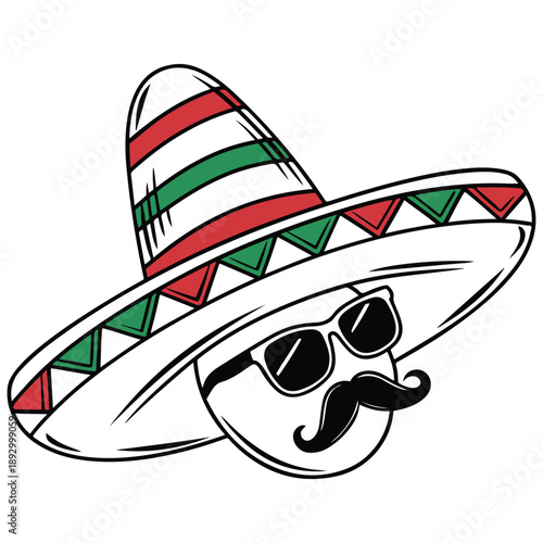Sombrero Character Illustration – Cool Man with Mustache, Sunglasses & Mexican Hat Design .