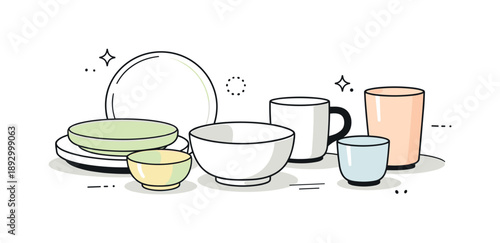 Minimalist Tableware Elegance. Modern tableware display. Minimal ceramic tableware on a neutral surface, a mix of bowls, plates, and cups showing texture,