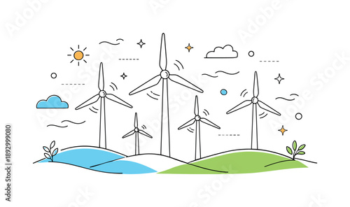 Calm Wind Farm. Wind farm scene. Tall wind turbines standing on rolling hills, slowly rotating under a calm sky. Clean renewable energy landscape with gentle