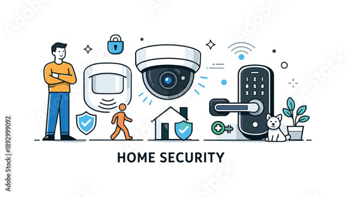 Home Security Symbols. Crime / security and safety visuals. Clean modern scene showing home security symbols like motion sensor, camera and door lock, friendly