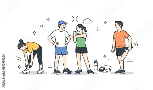 Group Run Preparation. Running group training. Small group warming up and stretching before a run, calm preparation and shared routine. Minimalist flat vector