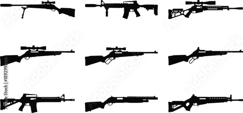 Firearm silhouette collection featuring sniper rifles, assault rifles, hunting guns, and shotguns in black vector style for military, sport, and design