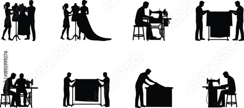 Fashion tailoring silhouette set showing designers, tailors, and seamstresses working with sewing machines and garments in professional atelier scenes
