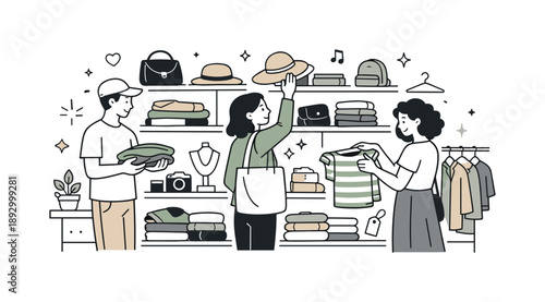 Thrift Store Browsing. Thrift store people. A relaxed scene of browsing shelves with folded clothes and accessories, highlighting texture, variety, and
