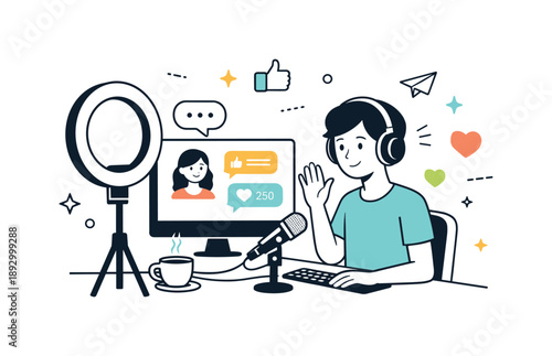Live Streaming Setup. Live streaming setup. Person sitting at a desk with headphones and a ring light, looking at a screen with calm interaction. Friendly