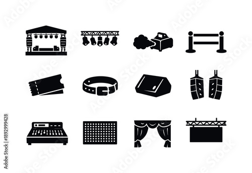 Concert Icons Collection. Concert environment. Solid icon set of Concert environment: big stage, lighting rig, fog machine, crowd barrier, ticket icon,
