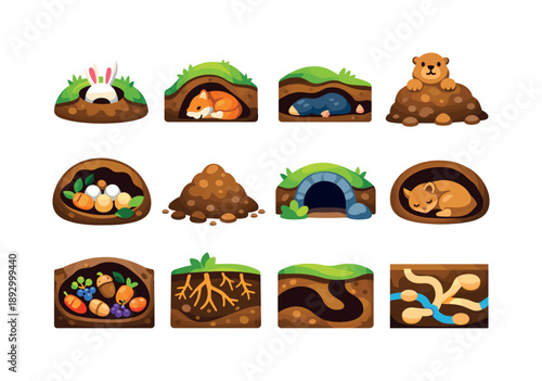 Animal Burrow Icons. Animal Burrow. Colorful flat vector icons set of Animal Burrow: rabbit hole, fox den, mole tunnel, groundhog burrow, underground nest,