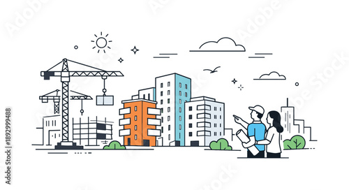 Urban Progress Illustration. Urban growth and development. Construction cranes and new residential blocks blending into the city, steady progress without