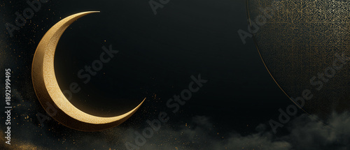 Golden crescent moon on dark night sky background, elegant ramadan or eid banner with copy space