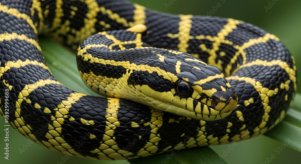Obraz premium Close-Up of Snake with Black and Yellow Pattern Generative AI.