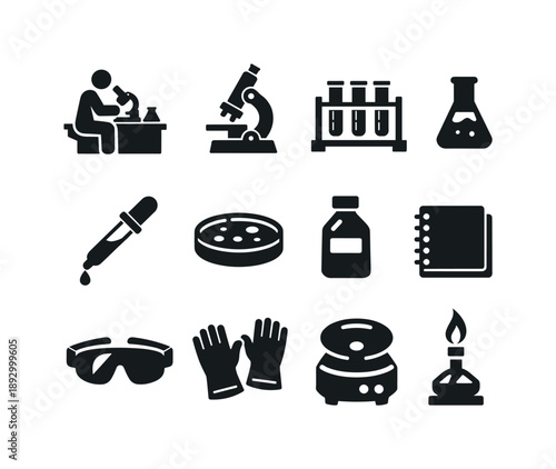 Laboratory Icon Set. Laboratory Work. Solid icon set of Laboratory Work: scientist at lab bench, microscope, test tube rack, beaker flask, pipette dropper,