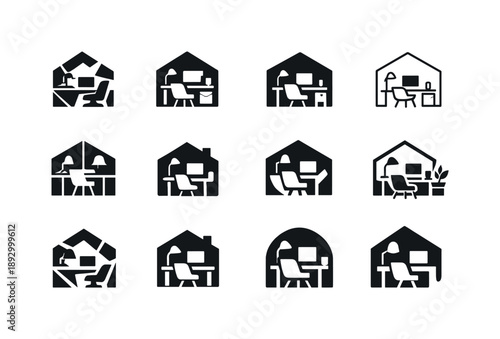 Creative Workspace Logos. Personalized workspace. Icon set. Set Logo of Personalized workspace: creative home office corner. harmonious logo variations of the