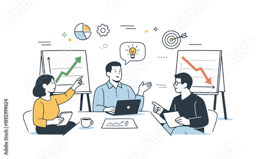 Team Analyzing Trends. Predictive analytics. A small team discussing future scenarios while pointing at upward and downward charts, calm collaboration around