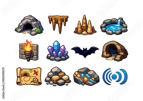 Colorful Cave Icons. caves and caverns. Colorful isometric vector icons set of caves and caverns: rocky cave entrance, stalactites, stalagmites, underground