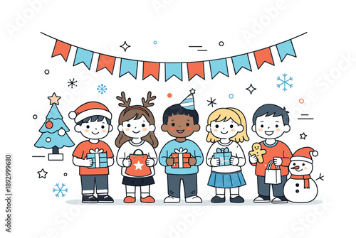 Kids Holiday Celebration. Children at holiday school party. Kids standing together with simple decorations and small gifts. Cheerful school celebration and