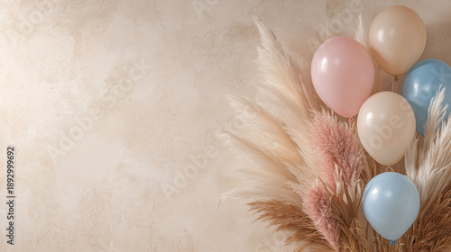Boho baby shower balloon decor with pampas grass on neutral textured wall background, copy space