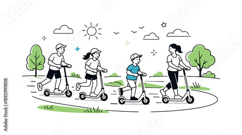 Scooter Ride Bliss. Group riding scooters in park. People riding scooters along a green path with trees and open space around. Balance, fresh air, and relaxed