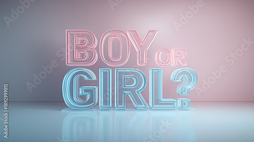 3D glass boy or girl gender reveal text on pastel studio background, modern baby shower announcement