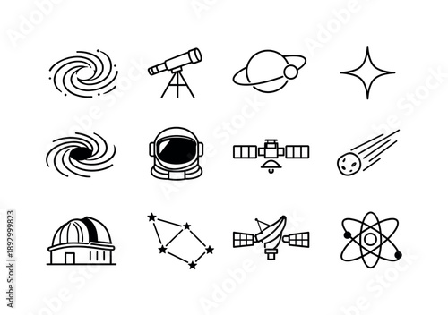 Astrophysics Icon Set. Astrophysics. Line icon set of Astrophysics: galaxy spiral, telescope, planet orbit, star, black hole, astronaut helmet, satellite,