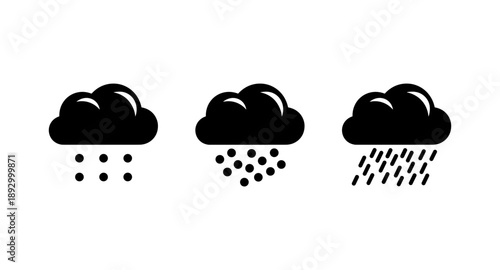 Three black weather icons showing different types of rain falling from clouds