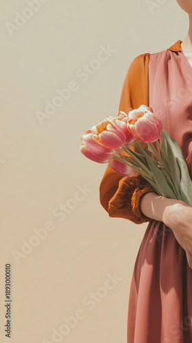 Stylish woman holding bouquet of tulips spring flowers and minimal fashion mood