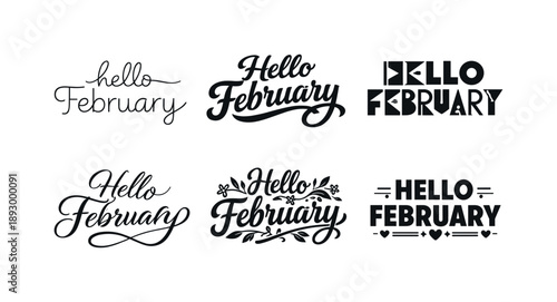 February Lettering Variations. Hello February. Set lettering. harmonious lettering variations of the same emblematic concept, each with different artistic