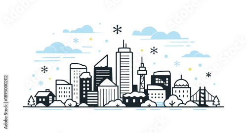 Winter Skyline Silhouette. Winter city skyline. Stylized silhouette of modern buildings with snow-covered rooftops, soft snowfall and abstract sky accents.