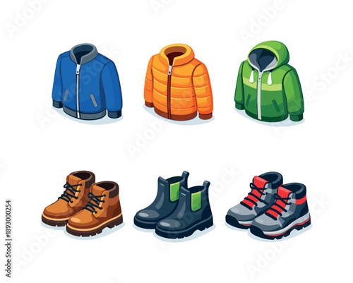 Stylish Outerwear Icons. Light jacket & boots set. Isometric flat vector icons set of light jacket & boots set: casual zip jacket, light puffer jacket,