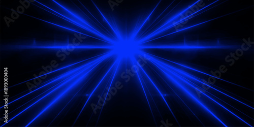 A vibrant blue abstract background features a bright energy burst of laser rays and fractal stars glowing across a dark space galaxy with motion blur and a cosmic disco light shine
