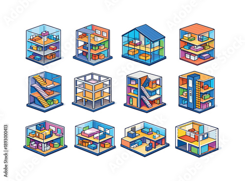 Architectural Cutaway Icons. Architectural Cutaway. Colorful isometric vector icons set of Architectural Cutaway: transparent building section, interior floors