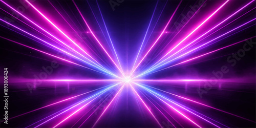 A shiny abstract purple and blue vector background features a bright space design with glowing stars, laser light rays, and a burst of energy for a disco night backdrop illustration
